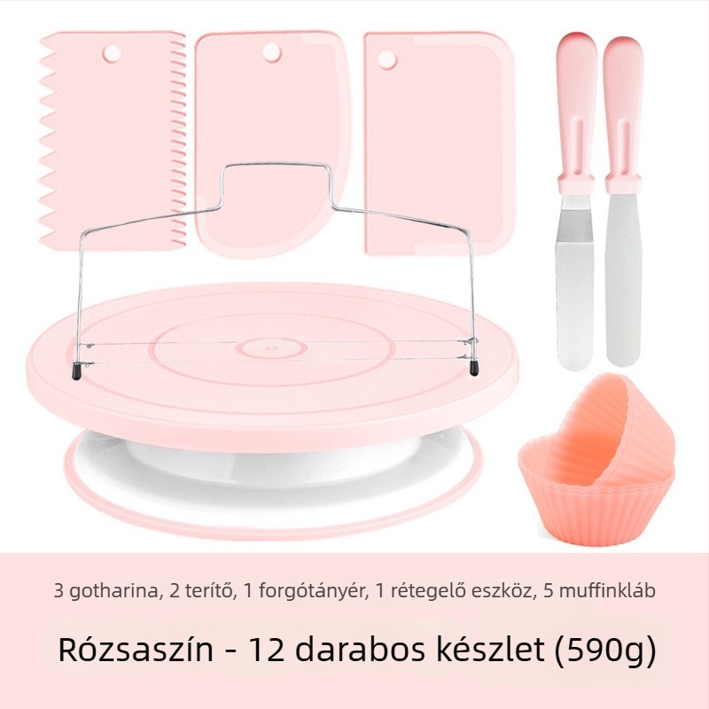 Készlet torták díszítésére forgó tortatálal – rozsdamentes acélból, szabálytalan formájú; 207 darabos készlet, tartalmaz dekoráló csövek, tasakok, spatulák és muffinsütő formák; márka qiao; 2025-ben debütált