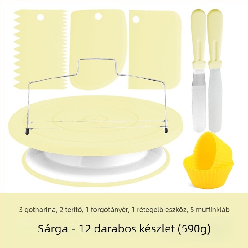 Készlet torták díszítésére forgó tortatálal – rozsdamentes acélból, szabálytalan formájú; 207 darabos készlet, tartalmaz dekoráló csövek, tasakok, spatulák és muffinsütő formák; márka qiao; 2025-ben debütált