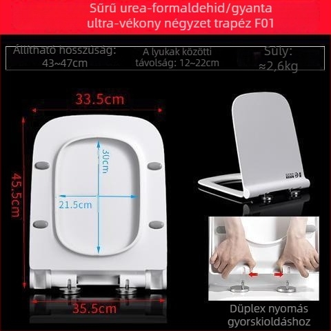 Négyzet alakú vécéfedél, vastagított és tartós, párnázott, montázsfuratok távolsága állítható 10–18 mm, anyag: urea-formaldehid gyanta