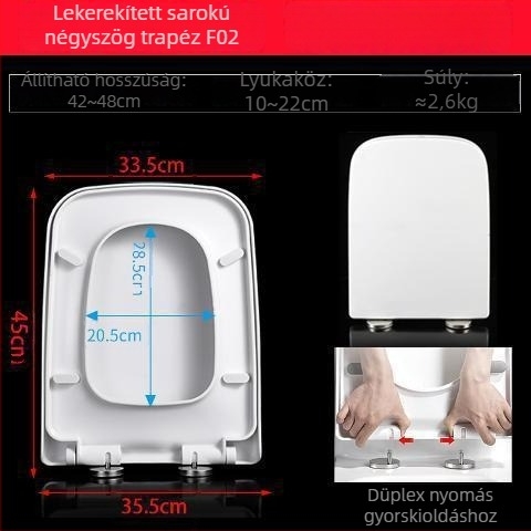 Négyzet alakú vécéfedél, vastagított és tartós, párnázott, montázsfuratok távolsága állítható 10–18 mm, anyag: urea-formaldehid gyanta