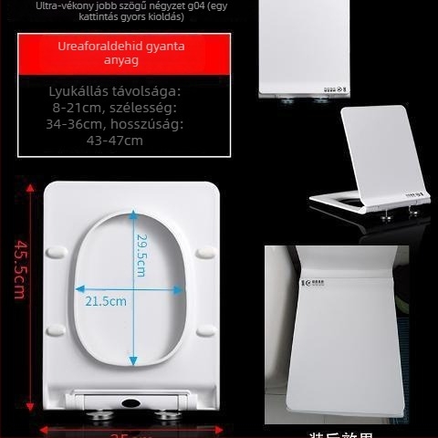 Négyzet alakú vécéfedél, vastagított és tartós, párnázott, montázsfuratok távolsága állítható 10–18 mm, anyag: urea-formaldehid gyanta