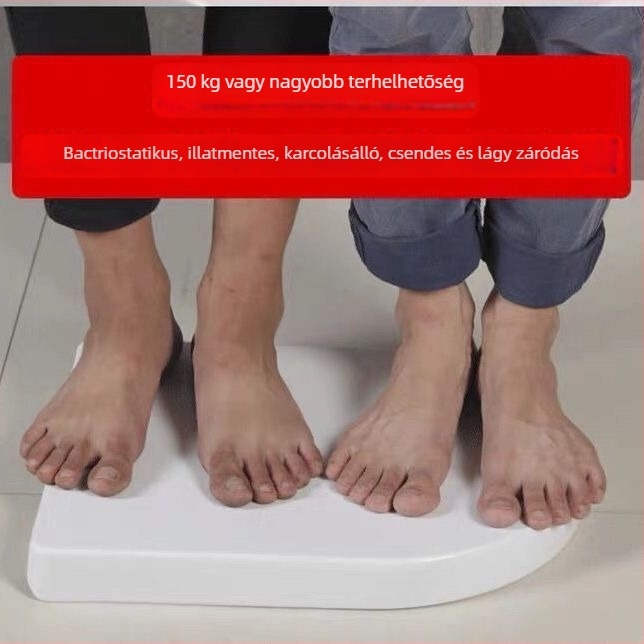 Négyzet alakú vécéfedél, vastagított és tartós, párnázott, montázsfuratok távolsága állítható 10–18 mm, anyag: urea-formaldehid gyanta