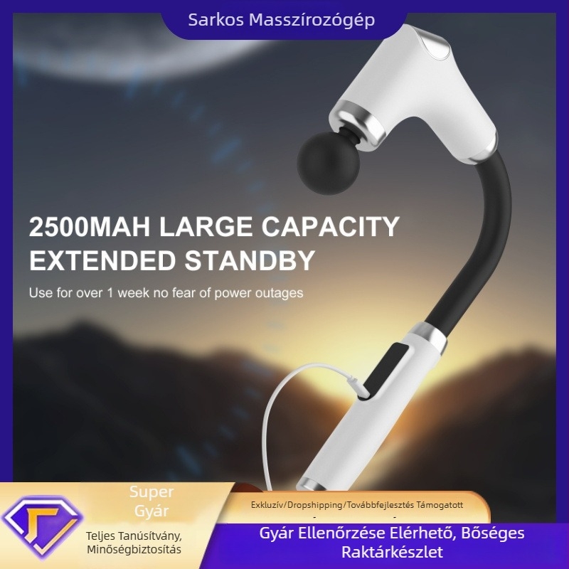 U‑alakú nyakmasszírozó pisztoly 4 fejjel, 5+ sebességfokozat, beépített 1200–2000 mAh akkumulátor, akár 1 óra üzemidő, zaj alatt 36 dB