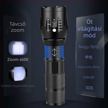 T6 LED zseblámpa USB-töltővel, 10W, 1800mAh, 360° forgás