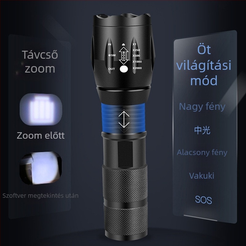 T6 LED zseblámpa USB-töltővel, 10W, 1800mAh, 360° forgás