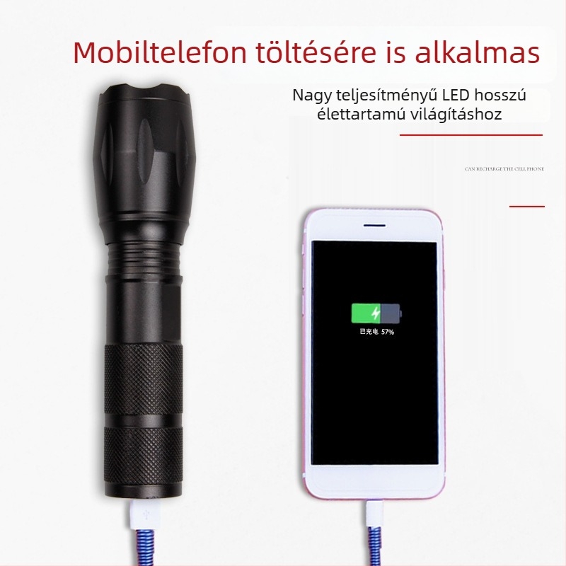 T6 LED zseblámpa USB-töltővel, 10W, 1800mAh, 360° forgás