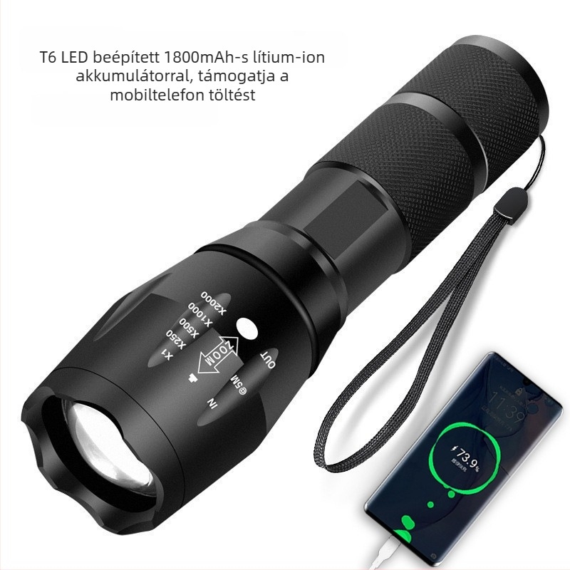 T6 LED zseblámpa USB-töltővel, 10W, 1800mAh, 360° forgás