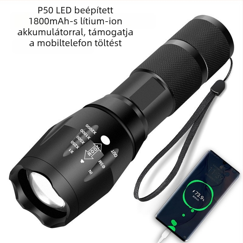 T6 LED zseblámpa USB-töltővel, 10W, 1800mAh, 360° forgás
