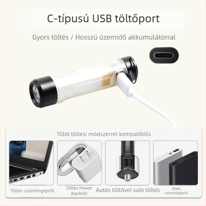 Többfunkciós zseblámpa kulcskarika, alumínium ötvözet test, kéz-szerinti üzemmód, 220mAh akkumulátor, LED, 10W, hatótávolság legfeljebb 50 m, üzemidő 3 óra
