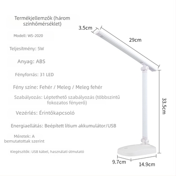 LED összecsukható asztali lámpa USB töltéssel és hálózati üzemmóddal, érintéses kapcsoló, állítható színhőmérséklet, beépített akkumulátor