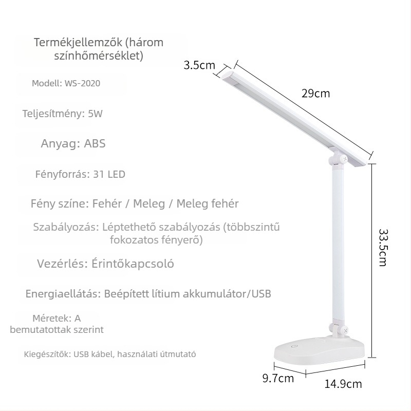 LED összecsukható asztali lámpa USB töltéssel és hálózati üzemmóddal, érintéses kapcsoló, állítható színhőmérséklet, beépített akkumulátor