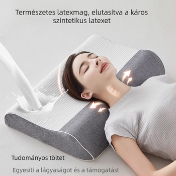 Alvásra tervezett memória-latex párna kötött huzattal, természetes latex, latex-tartalom 80–90%, magasság 5–10 cm, nyaki gerinc-támogatás felnőtteknek