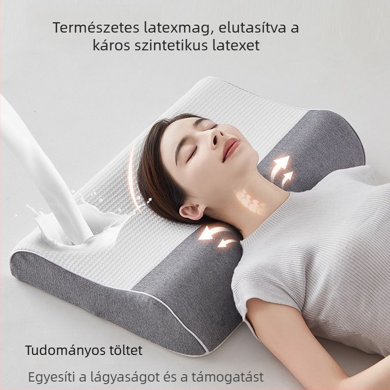 Alvásra tervezett memória-latex párna kötött huzattal, természetes latex, latex-tartalom 80–90%, magasság 5–10 cm, nyaki gerinc-támogatás felnőtteknek