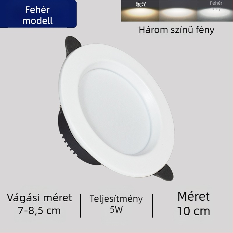 LED mennyezeti downlight, beépített kivitel, háromszínű fényhőmérséklet-szabályozás, 220V, műanyag ház