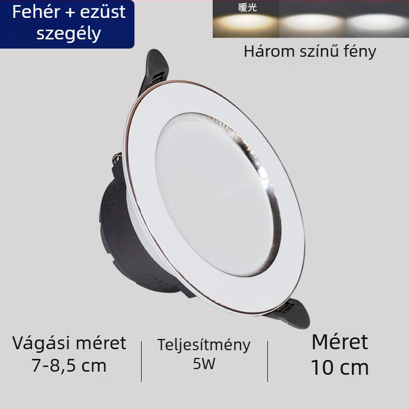 LED mennyezeti downlight, beépített kivitel, háromszínű fényhőmérséklet-szabályozás, 220V, műanyag ház