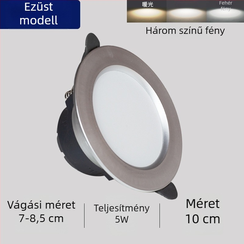 LED mennyezeti downlight, beépített kivitel, háromszínű fényhőmérséklet-szabályozás, 220V, műanyag ház