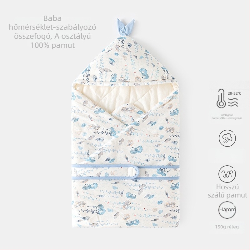 Ölelős pólya újszülöttek számára — tiszta pamut, poliészter töltet, 0–12 hónap, ideális tavassztól télig, állat/mese motívum