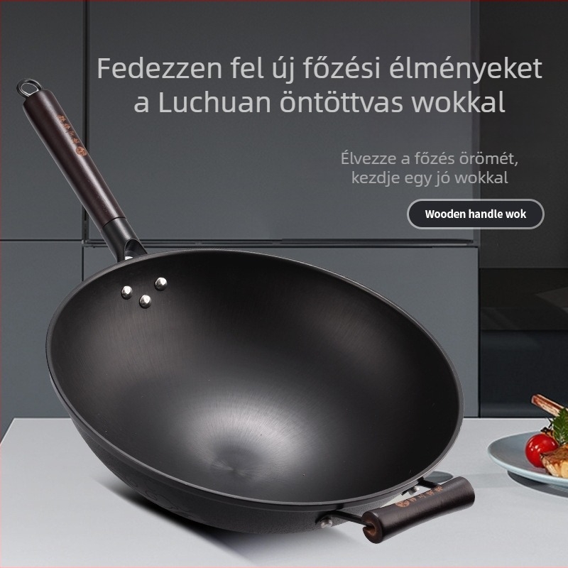 Öntöttvas wok – kínai stílusú, gáztűzhelyhez kompatibilis, egyszintes aljzat, rozsdamentes acél fedő üveggel