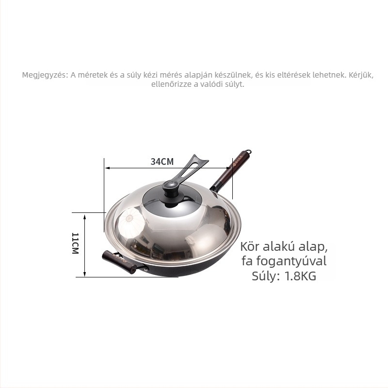 Öntöttvas wok – kínai stílusú, gáztűzhelyhez kompatibilis, egyszintes aljzat, rozsdamentes acél fedő üveggel