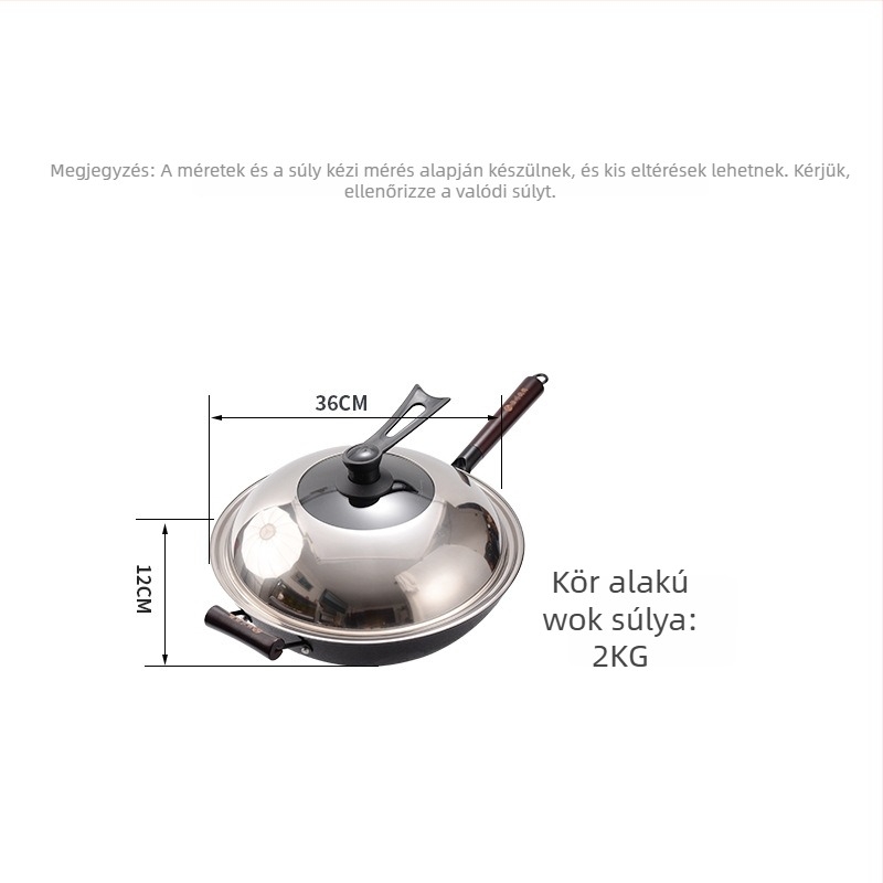 Öntöttvas wok – kínai stílusú, gáztűzhelyhez kompatibilis, egyszintes aljzat, rozsdamentes acél fedő üveggel