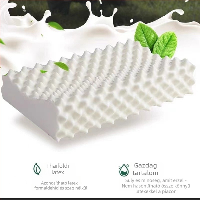 Latex párna, görbe formájú, súly 1,0–1,5 kg, anyag: mesterséges latex, huzat: kötött anyag