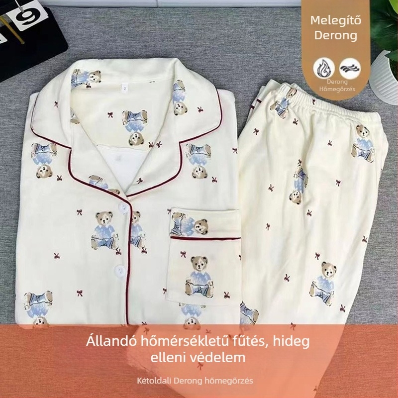 Alvóruha szett koreai stílusú csíkos dizájnnal, német fleece, vastag anyag 251–300 g/m², kerek nyak, hosszú ujjú, hosszú nadrág, őszi–téli viselés