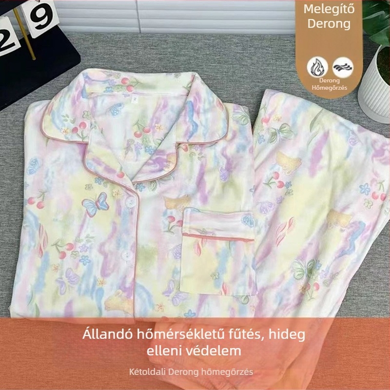 Alvóruha szett koreai stílusú csíkos dizájnnal, német fleece, vastag anyag 251–300 g/m², kerek nyak, hosszú ujjú, hosszú nadrág, őszi–téli viselés