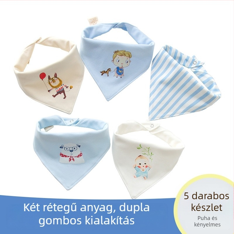 Háromszög alakú baba bavett 100% pamutból, nedvszívó, minták: csíkok, kézzel festett motívumok és nyomtatások