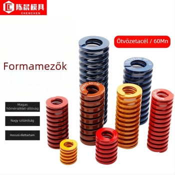 Ötvözött acélból készült, nagy erősségű és magas hőmérsékletnek ellenálló rugó, téglalap alakú lapos huzal keresztmetszettel, nyomásos működésre, formákhoz