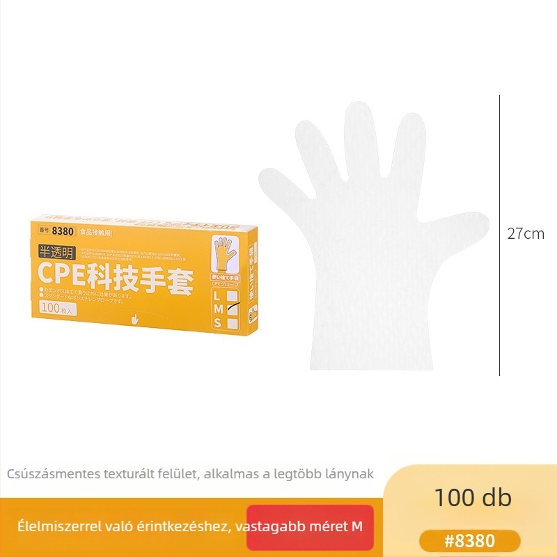 Egyszer használatos CPE kesztyűk, élelmiszer-biztonsági minőség, csúszásmentes, átlátszó, konyhai dobozban csomagolva, 0.05–0.1 mm vastagság, 50 db/csomag
