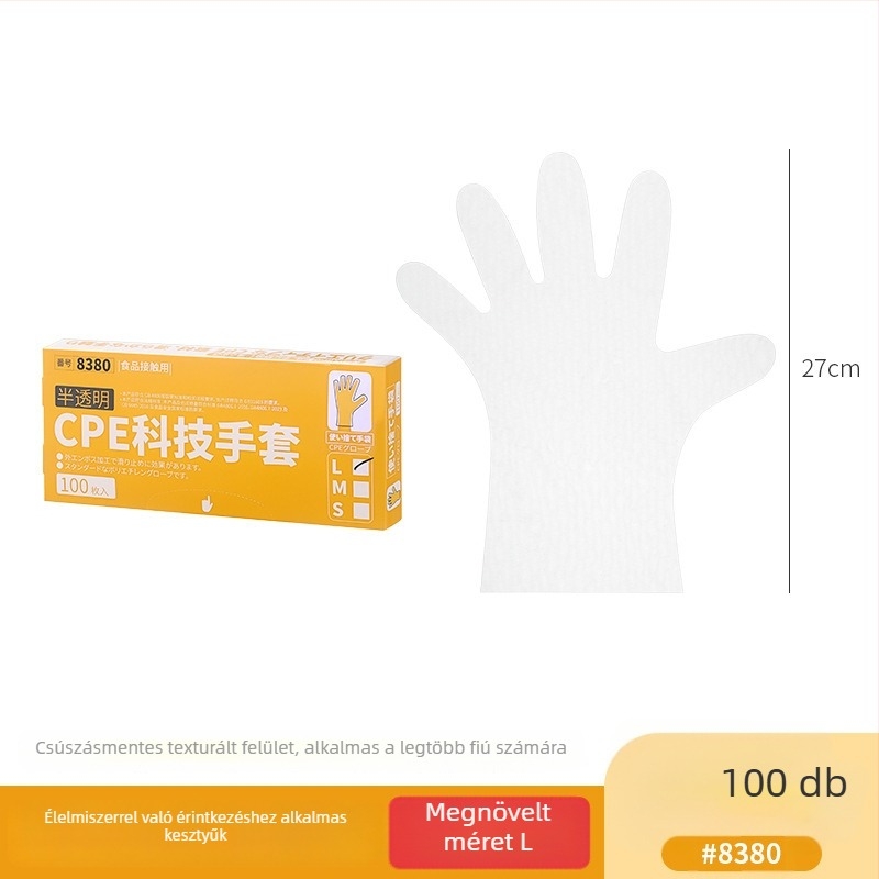 Egyszer használatos CPE kesztyűk, élelmiszer-biztonsági minőség, csúszásmentes, átlátszó, konyhai dobozban csomagolva, 0.05–0.1 mm vastagság, 50 db/csomag