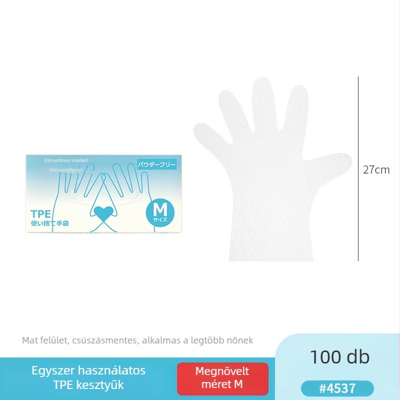 Egyszer használatos CPE kesztyűk, élelmiszer-biztonsági minőség, csúszásmentes, átlátszó, konyhai dobozban csomagolva, 0.05–0.1 mm vastagság, 50 db/csomag