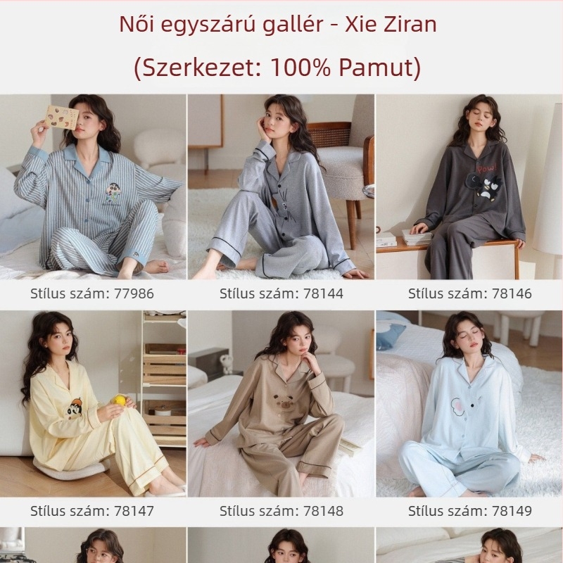 Női 100% pamut pizsama szett nyitott elejű dizájnnal, hosszú ujjú, hosszú nadrág, közepes sűrűségű anyag
