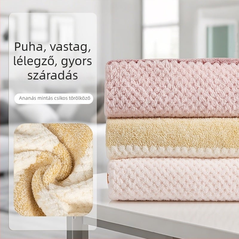Ananászos csíkos törölköző, vastagított, nem pamut, szegéllyel, szuperfin rostból, 150D, 80–100 g, arc- és hajszárító törölköző