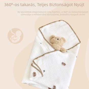 Újszülött körbetekerő törölköző, tiszta pamut géz, hímzett szélek, mesefigurás minta