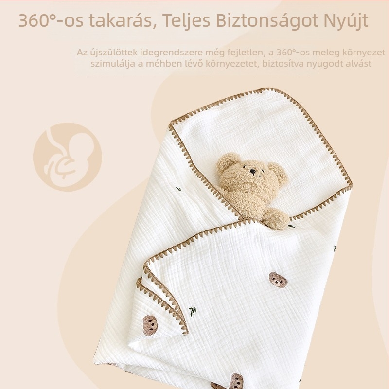 Újszülött körbetekerő törölköző, tiszta pamut géz, hímzett szélek, mesefigurás minta