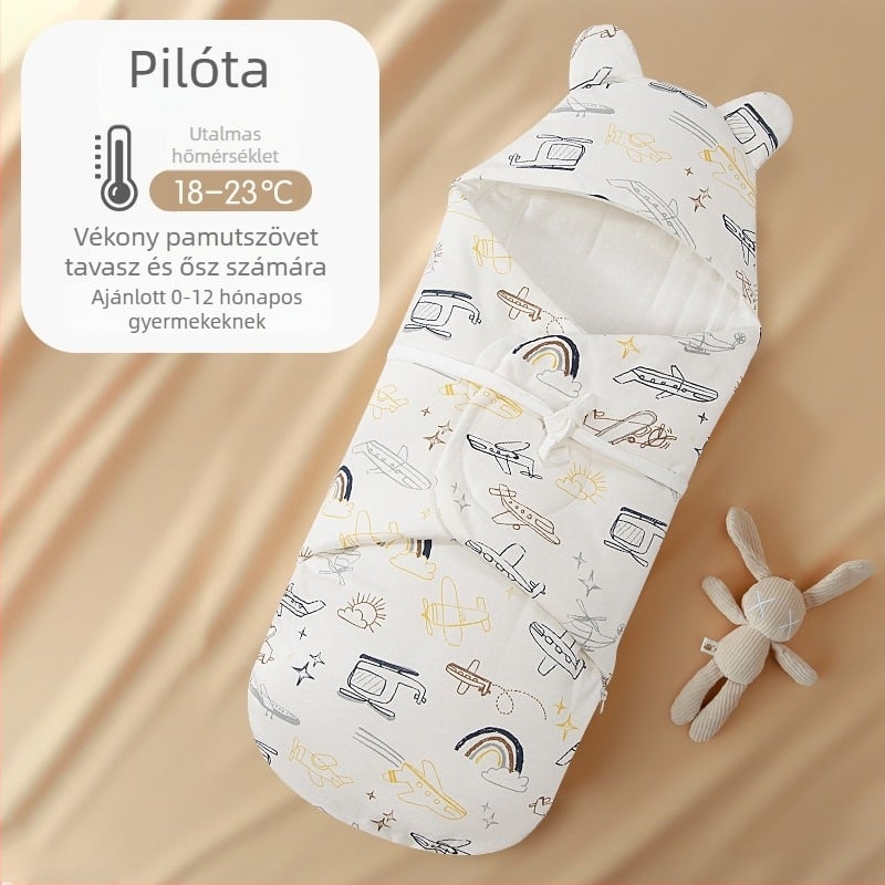 Újszülötteknek szánt alvózsák integrált swaddlinggal, külső és belső anyag 95% pamut, töltet: imitált selyemszerű rost, nylon cipzár, cartoon mintázat, tavasz-ősz, 0-12 hónapos korhoz