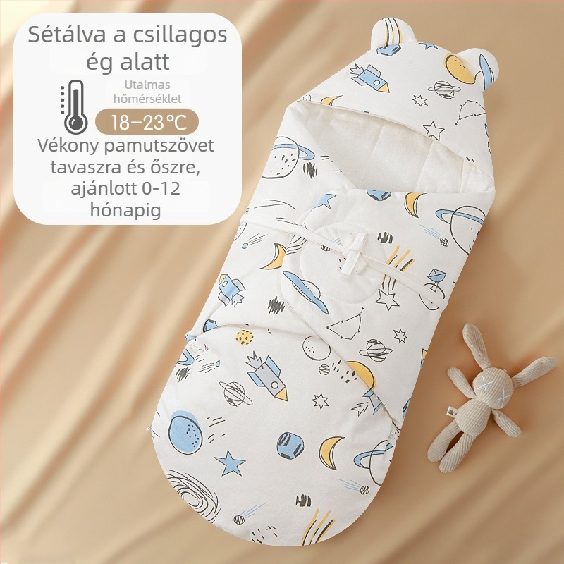 Újszülötteknek szánt alvózsák integrált swaddlinggal, külső és belső anyag 95% pamut, töltet: imitált selyemszerű rost, nylon cipzár, cartoon mintázat, tavasz-ősz, 0-12 hónapos korhoz