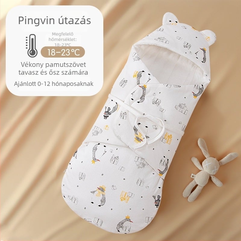 Újszülötteknek szánt alvózsák integrált swaddlinggal, külső és belső anyag 95% pamut, töltet: imitált selyemszerű rost, nylon cipzár, cartoon mintázat, tavasz-ősz, 0-12 hónapos korhoz