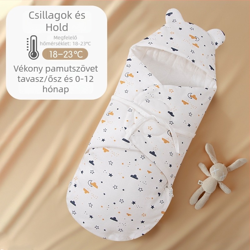 Újszülötteknek szánt alvózsák integrált swaddlinggal, külső és belső anyag 95% pamut, töltet: imitált selyemszerű rost, nylon cipzár, cartoon mintázat, tavasz-ősz, 0-12 hónapos korhoz