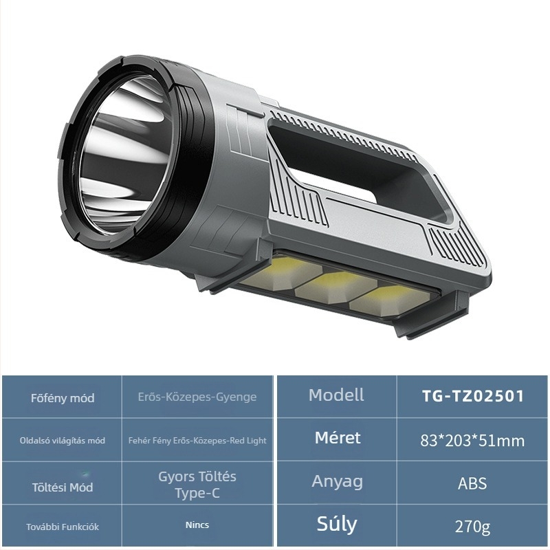 Napelemes, újratölthető kézi munkalámpa COB LED-del, 10W, 1800mAh, kézi nyomásos energia-generálás