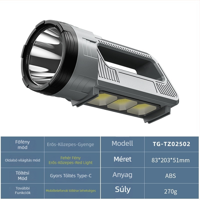 Napelemes, újratölthető kézi munkalámpa COB LED-del, 10W, 1800mAh, kézi nyomásos energia-generálás