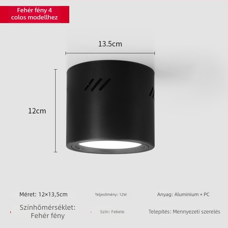 LED hengeres downlight, kerek, felületen szerelt, 6000K, 220V, alumínium ház, 10 000 óra, kereskedelmi világítás boltokhoz