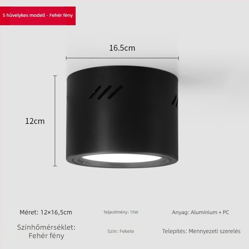 LED hengeres downlight, kerek, felületen szerelt, 6000K, 220V, alumínium ház, 10 000 óra, kereskedelmi világítás boltokhoz