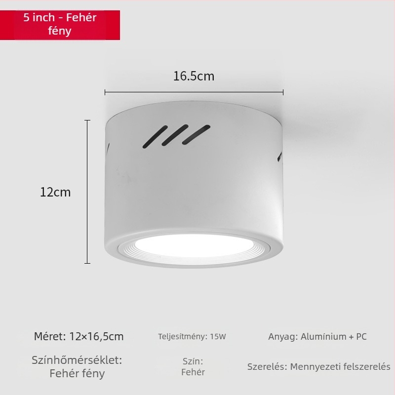 LED hengeres downlight, kerek, felületen szerelt, 6000K, 220V, alumínium ház, 10 000 óra, kereskedelmi világítás boltokhoz