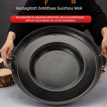 Öntöttvas wok, korrózióálló, 8 cm mély, egyoldalas aljzat, gáztűzhelyhez alkalmas