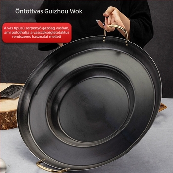 Öntöttvas wok, korrózióálló, 8 cm mély, egyoldalas aljzat, gáztűzhelyhez alkalmas
