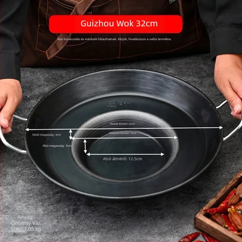 Öntöttvas wok, korrózióálló, 8 cm mély, egyoldalas aljzat, gáztűzhelyhez alkalmas