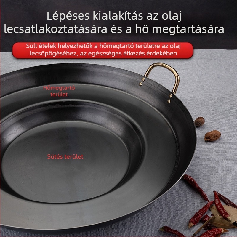 Öntöttvas wok, korrózióálló, 8 cm mély, egyoldalas aljzat, gáztűzhelyhez alkalmas