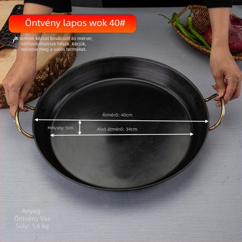 Öntöttvas wok, korrózióálló, 8 cm mély, egyoldalas aljzat, gáztűzhelyhez alkalmas